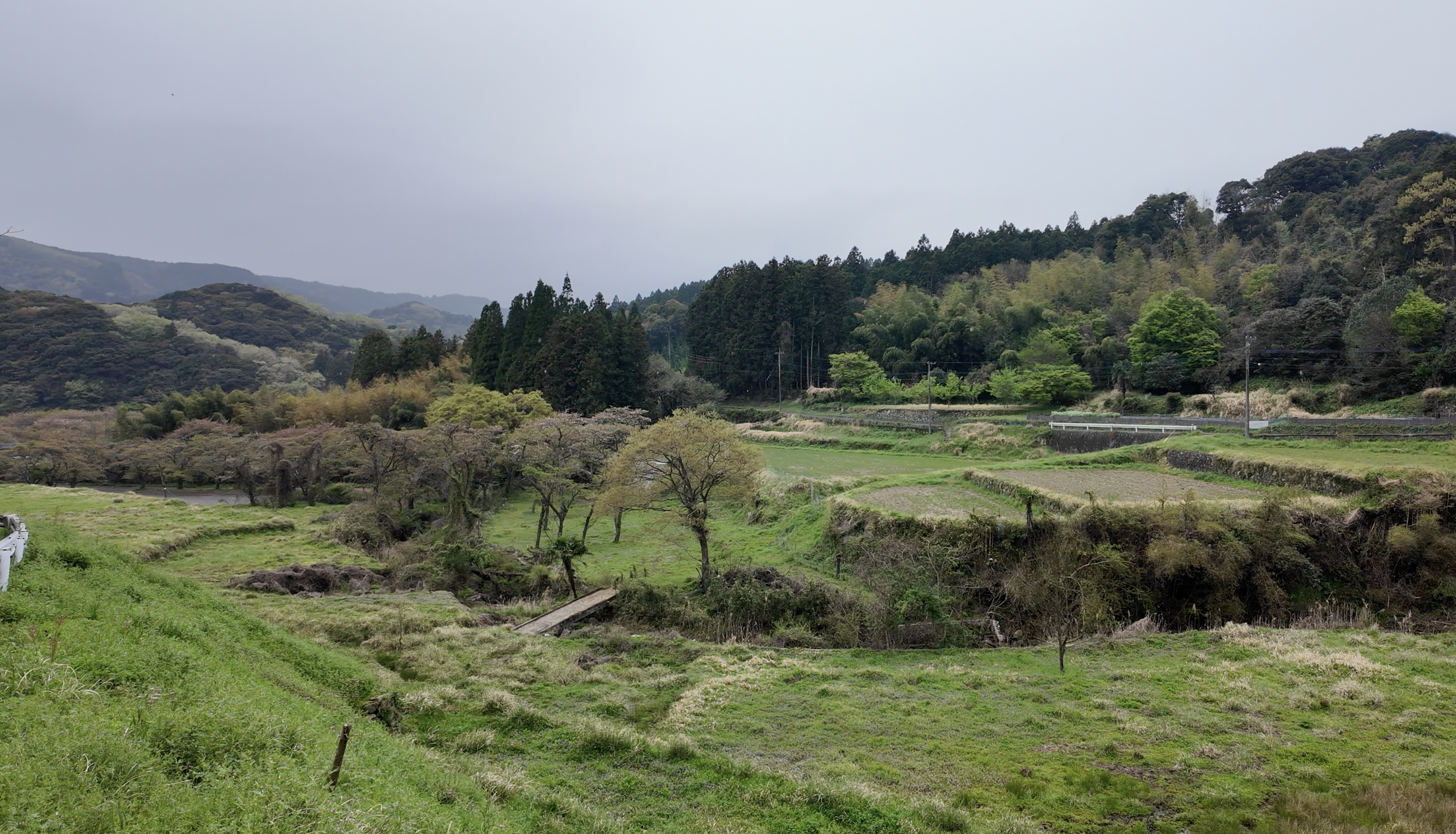 Green fields, wooded hills and farmland in the Kunisaki Peninsula of rural Japan.